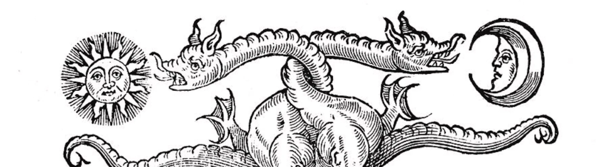 Woodcut of a two-headed dragon, one head facing a sun with a face, the other a crescent moon with a face